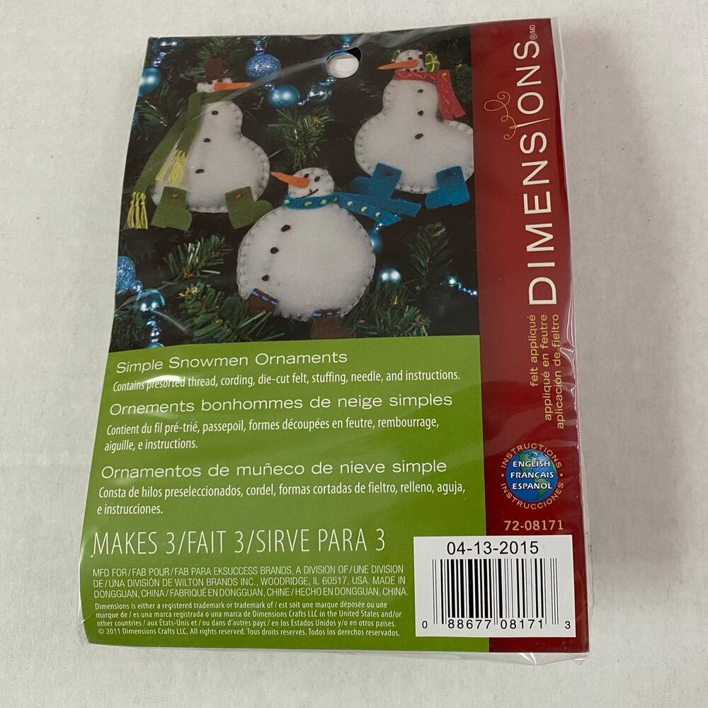 Dimensions Simple Snowmen Ornament Felt Applique Craft Kit Christmas Holiday NWT